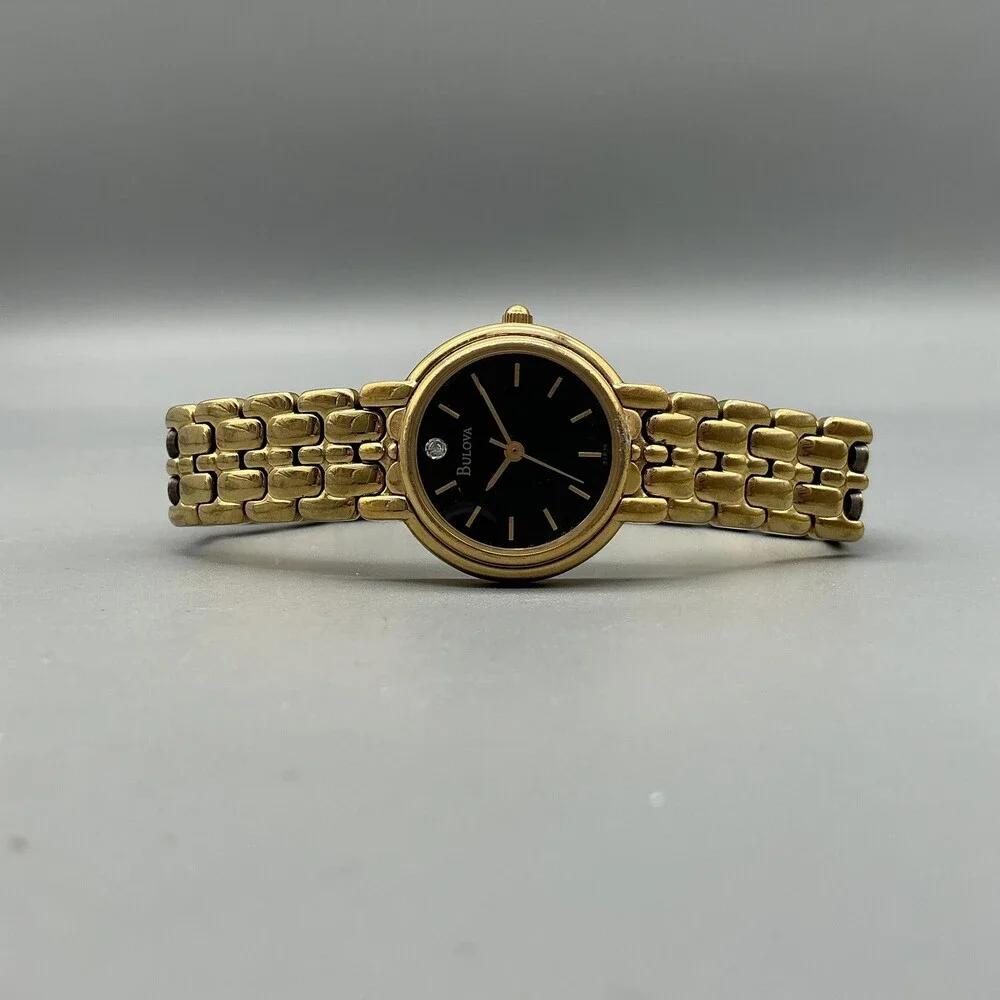 Bulova Womens Watch 24mm Black Dial Gold Tone Bracelet Diamond New Battery 6.75